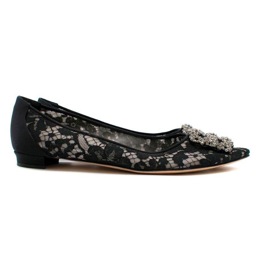 Manolo Blahnik Black Lace Pointed Flat Pumps 

- Black lace body of shoe 
- Diamante Square Buckle on both toes
- Pointed toe 
- Small heel 
- Rounded Satin back

Made in Italy 

Please note, these items are pre-owned and may show signs of being