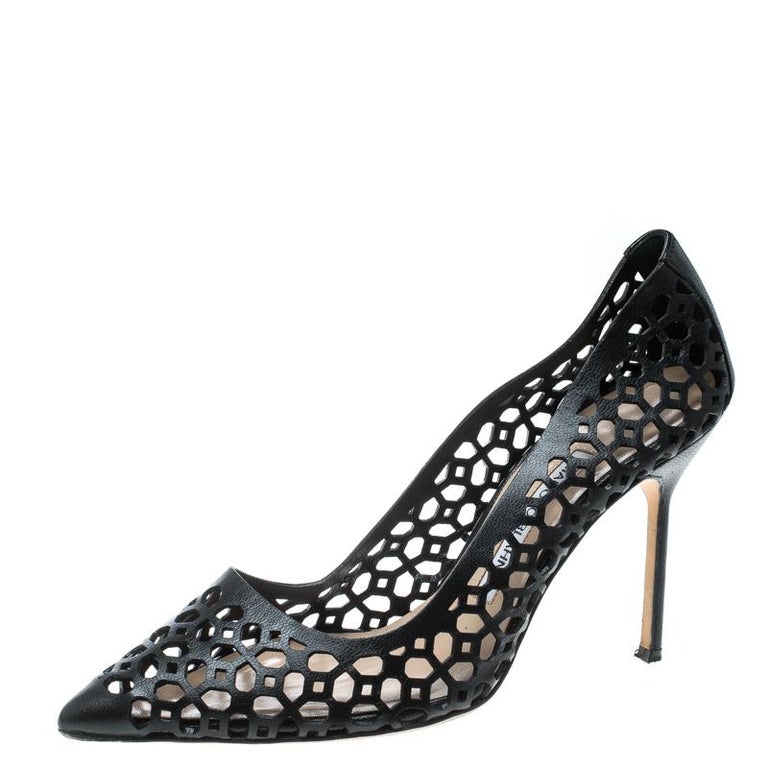 Manolo Blahnik Black Laser Cut Leather Pointed Toe Pumps Size 37 For ...