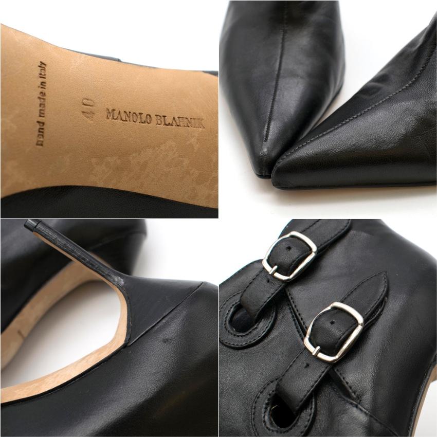 Manolo Blahnik Black Leather Double Buckle Ankle Boots 40 For Sale 2