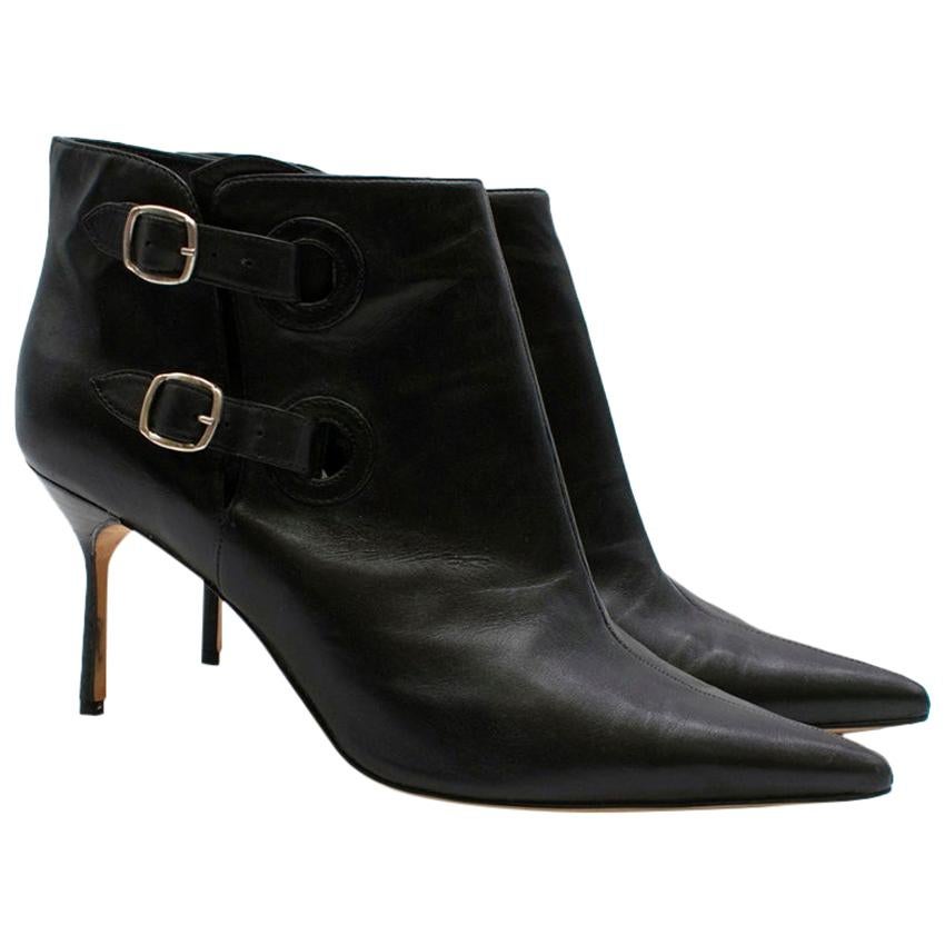 Manolo Blahnik Black Leather Double Buckle Ankle Boots 40 For Sale