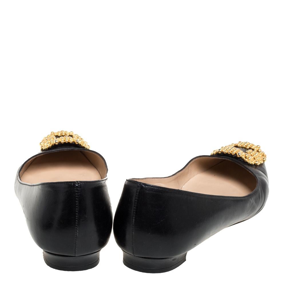 Manolo Blahnik Black Leather Hangisi Embellished Ballet Flats Size 39.5 1