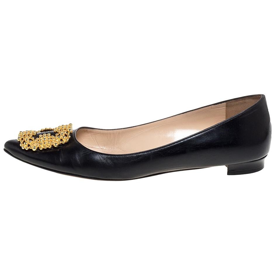 Manolo Blahnik Black Leather Hangisi Embellished Ballet Flats Size