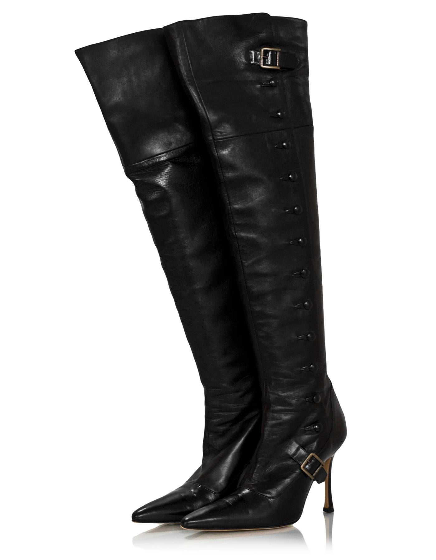 Manolo Blahnik Black Leather Over-The-Knee Boots Sz 37 In Excellent Condition In New York, NY
