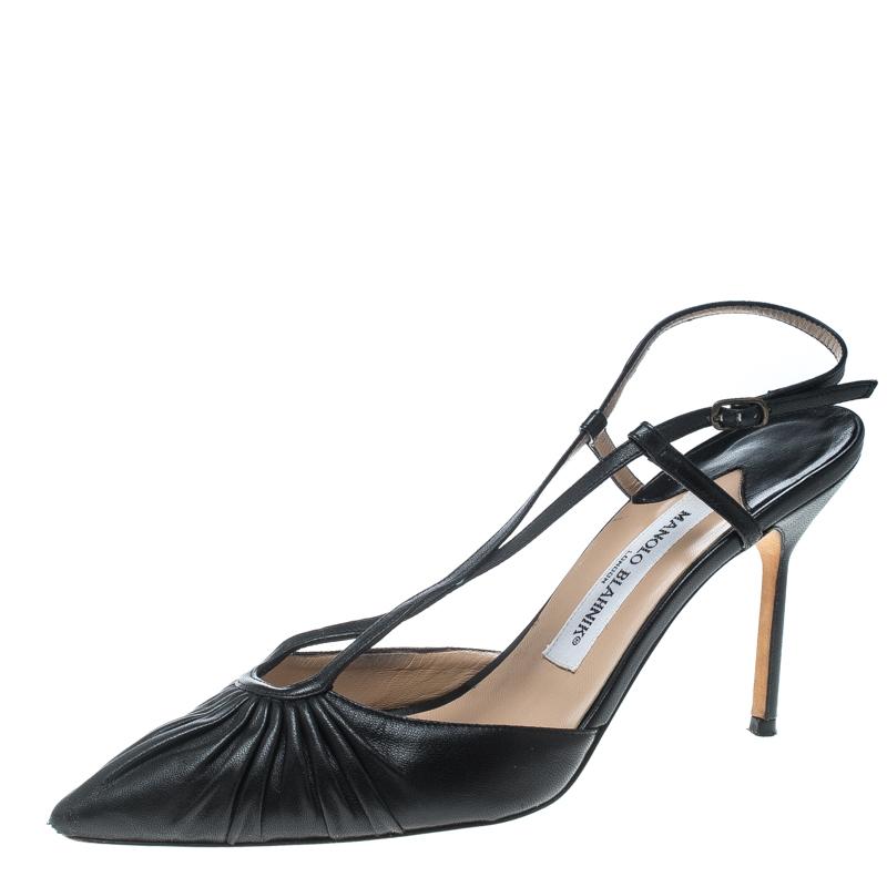 Manolo Blahnik Black Leather Pleat Detail Cross Strap Sandals Size 39
