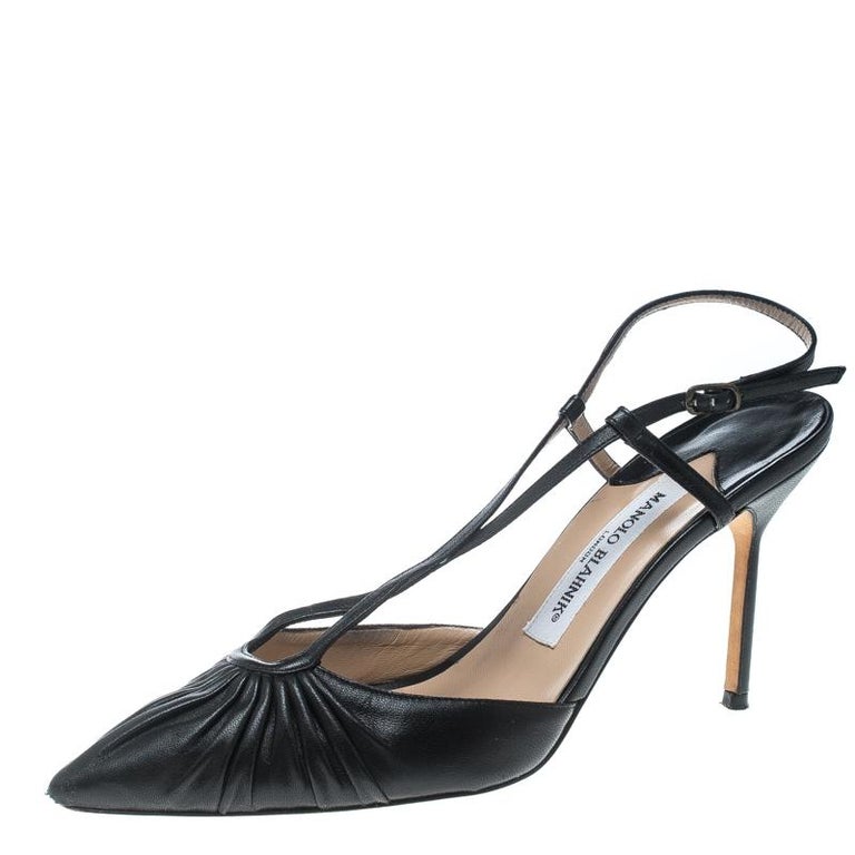 Manolo Blahnik Black Leather Pleat Detail Cross Strap Sandals Size 39 ...