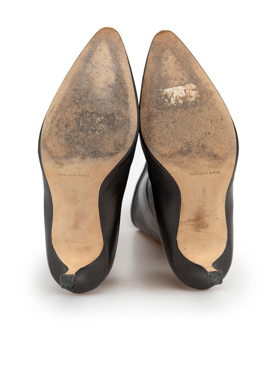 Women's Manolo Blahnik Black Leather Point Toe Knee Boots Size IT 38.5