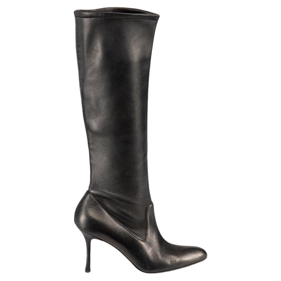 Manolo Blahnik Black Leather Point Toe Knee Boots Size IT 38.5