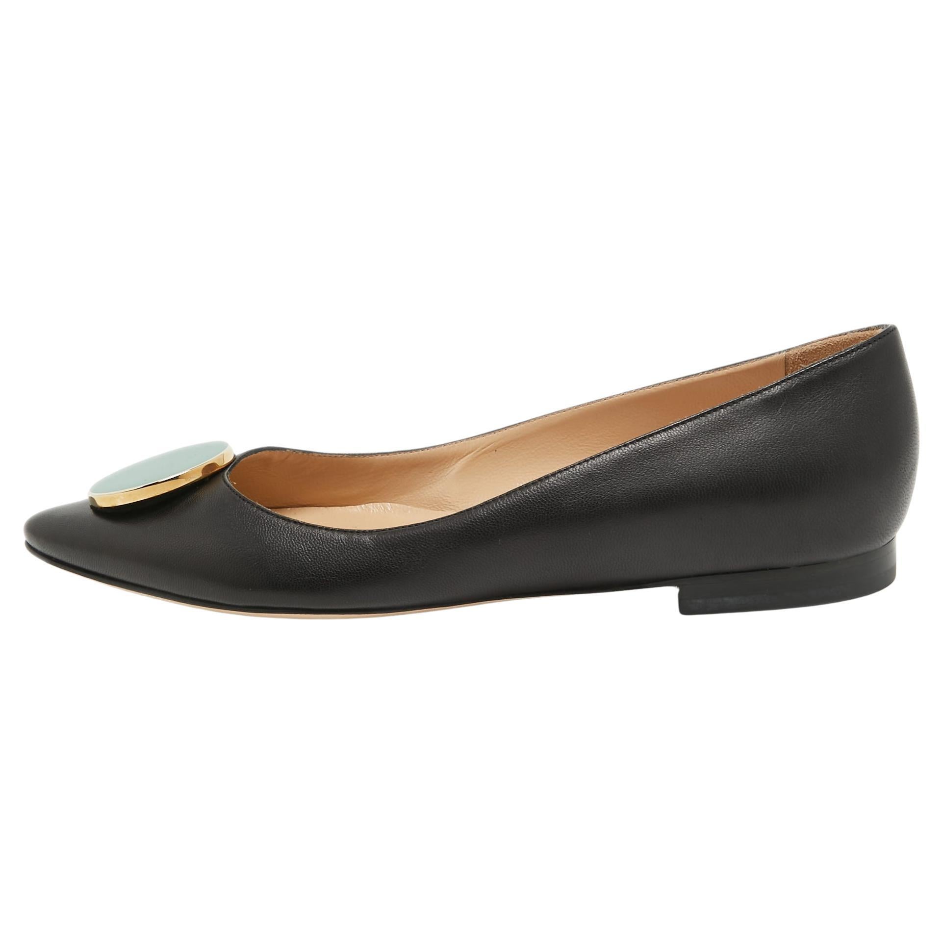 Manolo Blahnik Black Leather Pointed Toe Ballet Flats Size 37 For Sale