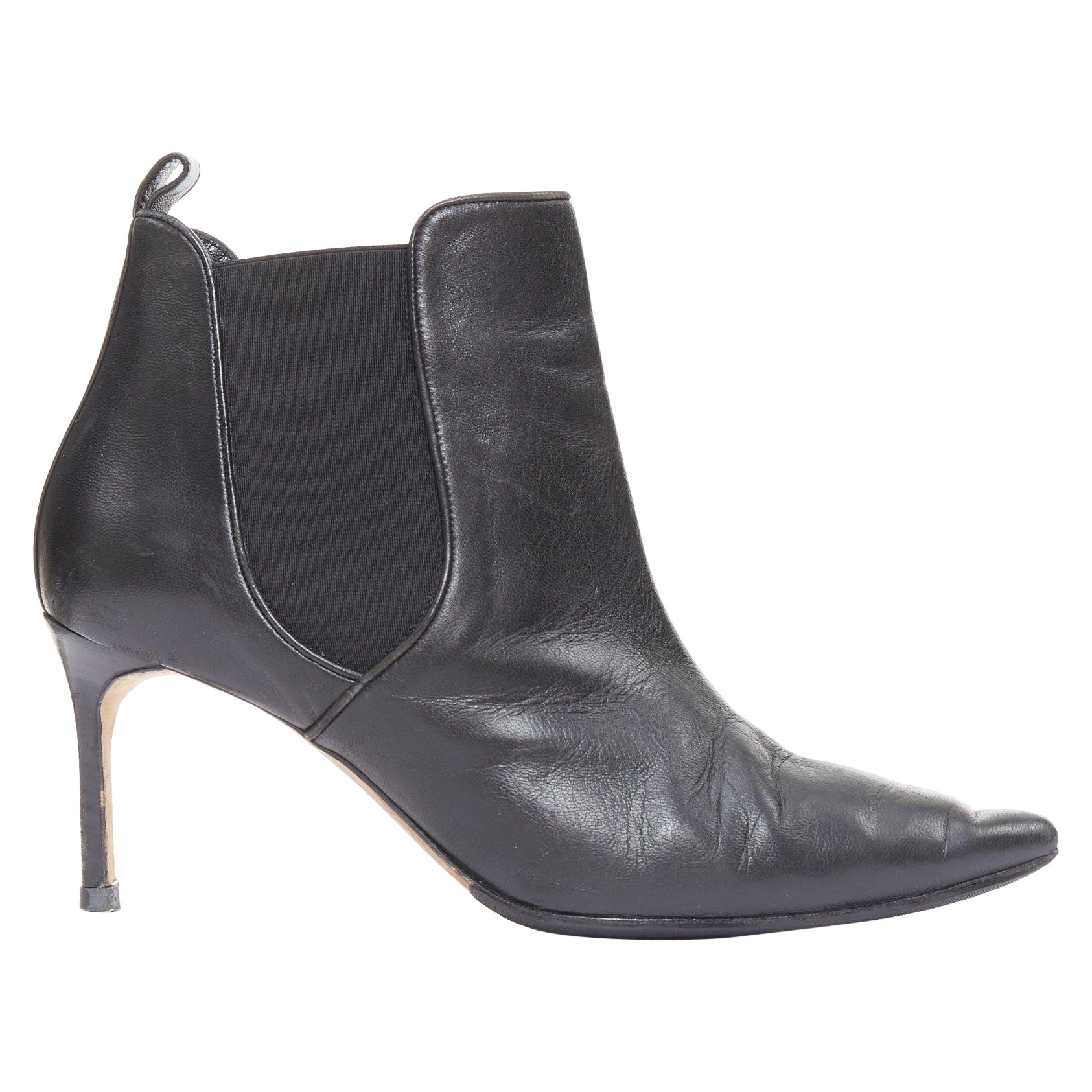 MANOLO BLAHNIK black leather pointy toe ankle boot heels EU39.5