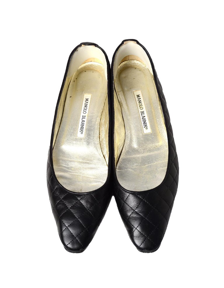 Manolo Blahnik Black Leather Quilted Ballet Flats Sz 38.5 For Sale at ...