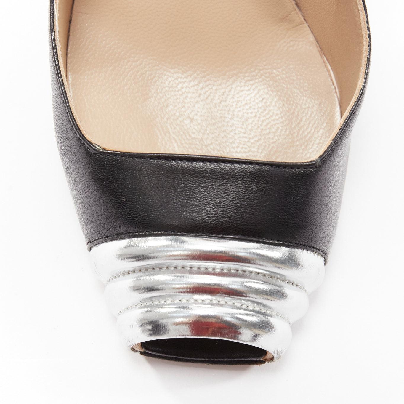 MANOLO BLAHNIK black leather silver quilted blunt peep toe pumps EU37 For Sale 1