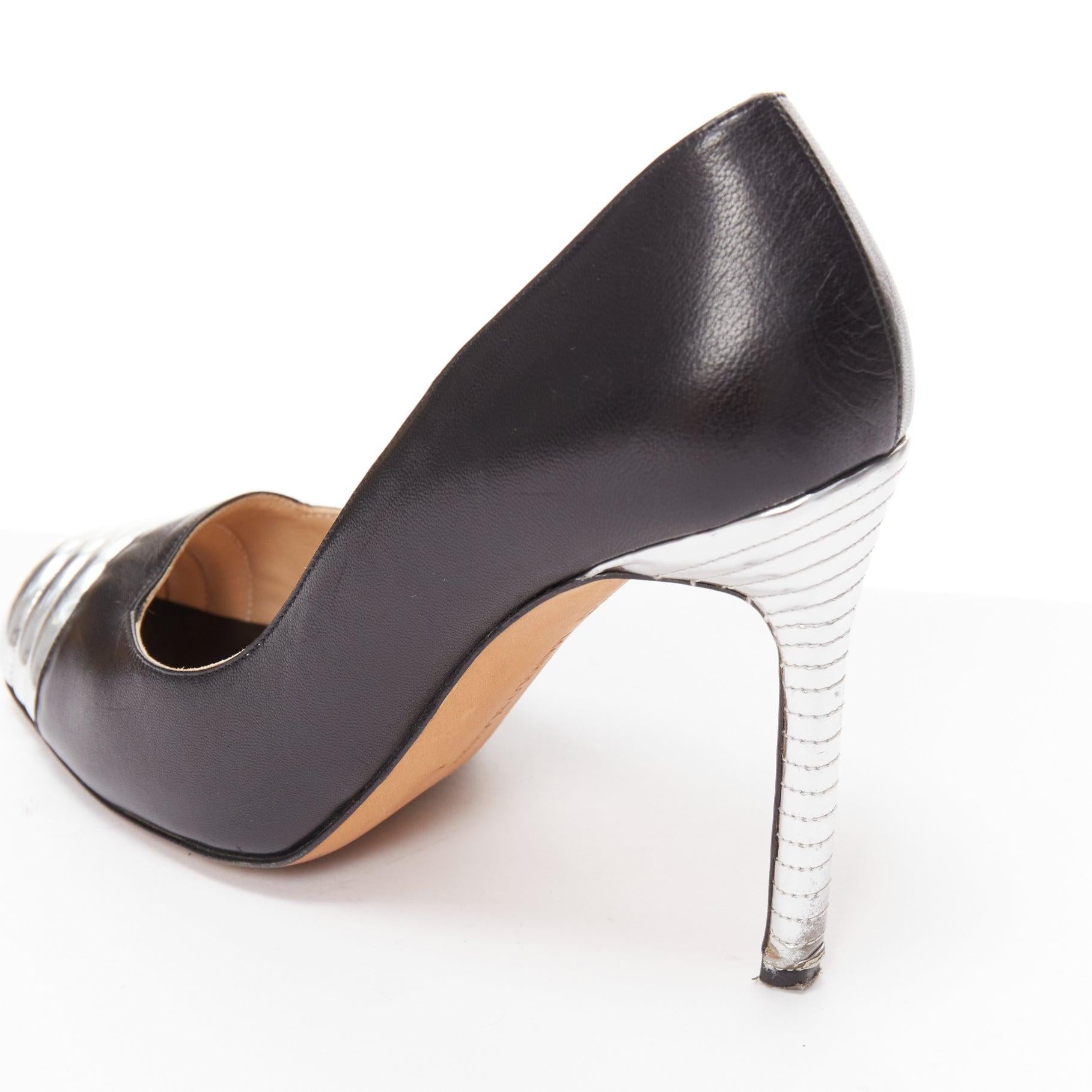MANOLO BLAHNIK black leather silver quilted blunt peep toe pumps EU37 For Sale 3