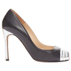 MANOLO BLAHNIK black leather silver quilted blunt peep toe pumps EU37