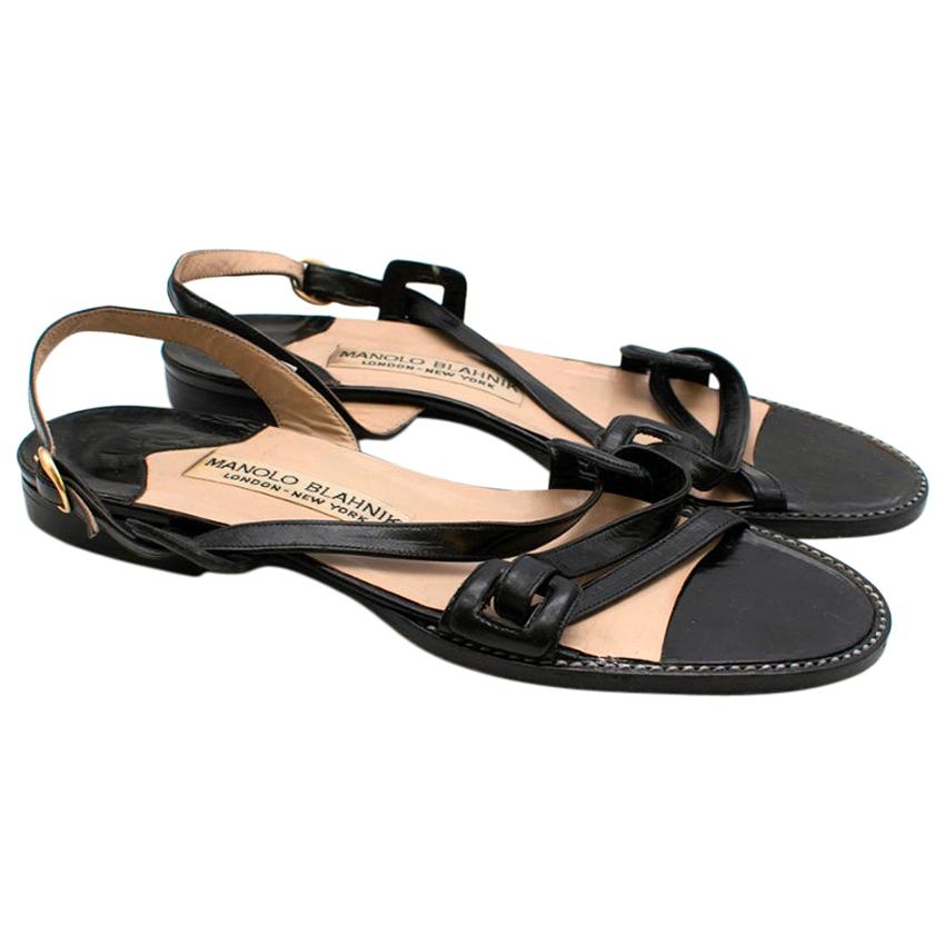 Manolo Blahnik Black Leather Slingback Flat Sandals 37 For Sale