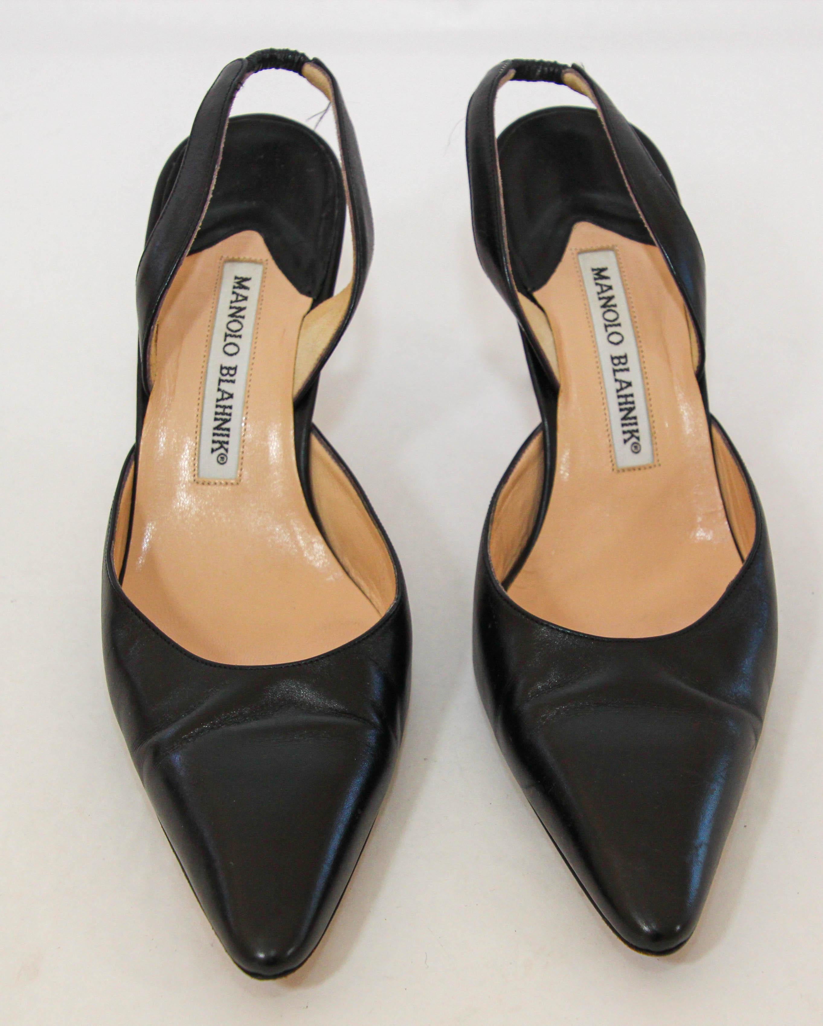 Manolo Blahnik Black Leather Slingback Pumps - Size 37.
These timeless Manolo Blahnik pointed toe leather slingbacks were hand made in Italy.
The back of the slingback is elastic for easy entry. 
These Manolo Blahnik pumps exudes an undeniably