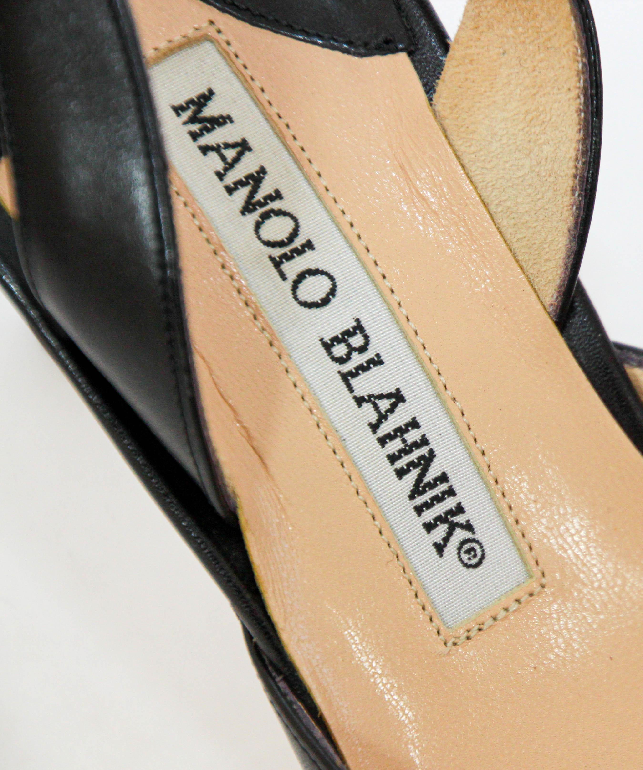 Manolo Blahnik Black Leather Slingback Pumps - Size 37 In Good Condition For Sale In North Hollywood, CA