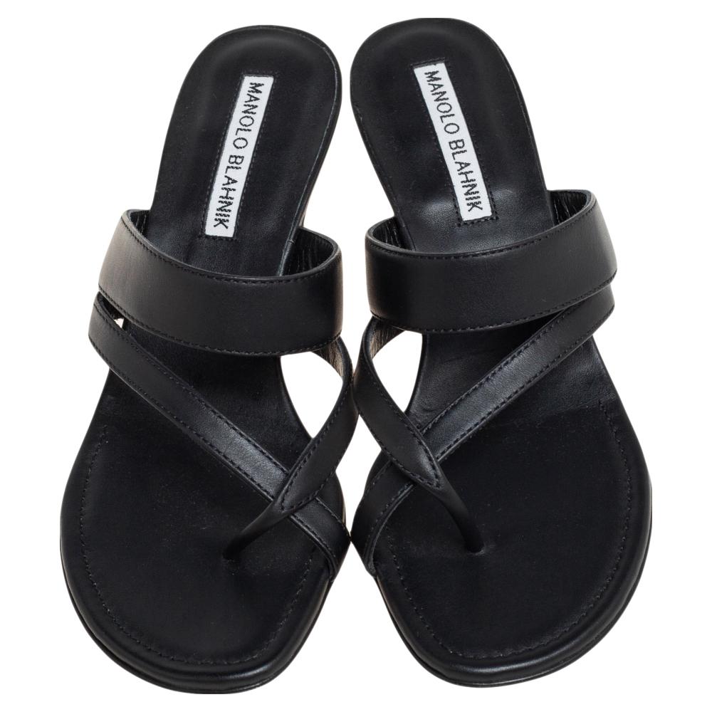 Manolo Blahnik Black Leather Susa Slide Sandals Size 34 2