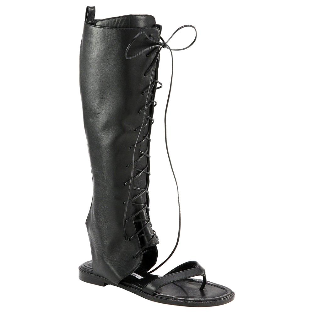 Manolo Blahnik Black Leather Vestalapla Laceup Sandals - Size EU 40 For Sale