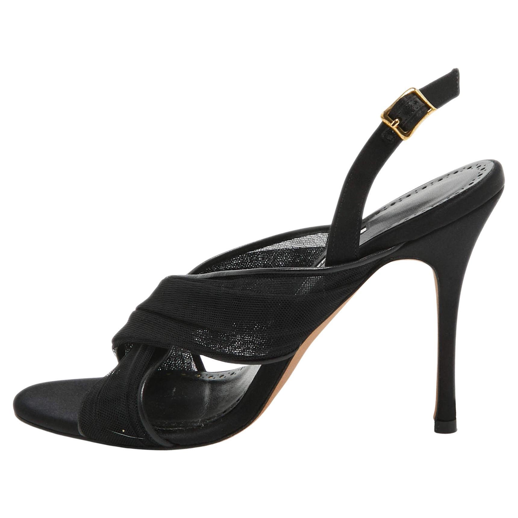 Manolo Blahnik Black Mesh and Leather Slingback Sandals Size 37 For Sale