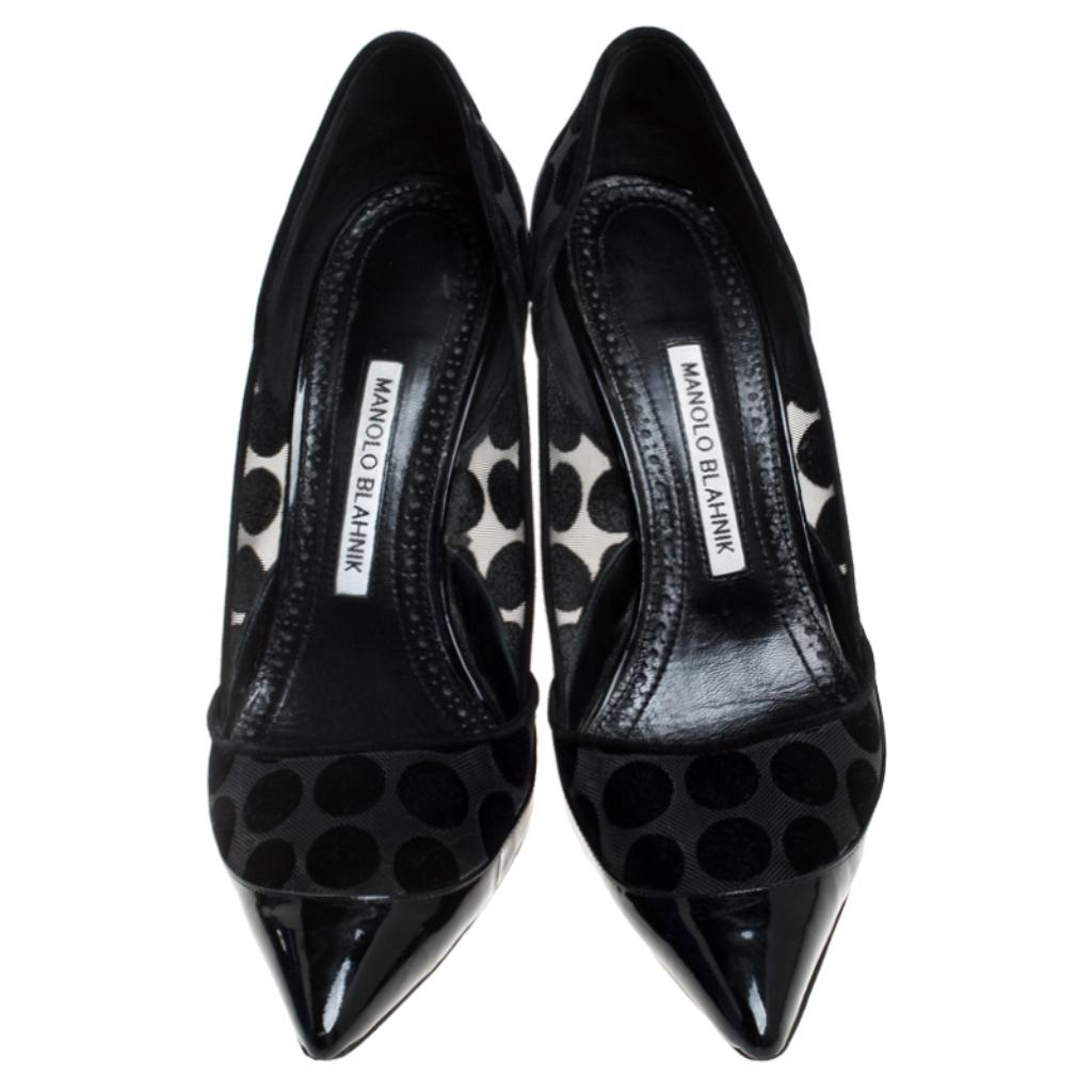 Match your outfit with these mesh and patent leather pumps and complete your look. These Manolo Blahnik pumps are perfect to wear to casual events or work. This pair of pointed-toe pumps is a fine blend of sophistication with comfort.

Includes: The