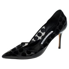Manolo Blahnik Black Mesh And Patent Leather Polka Dot Pointed Toe Pumps Size 38