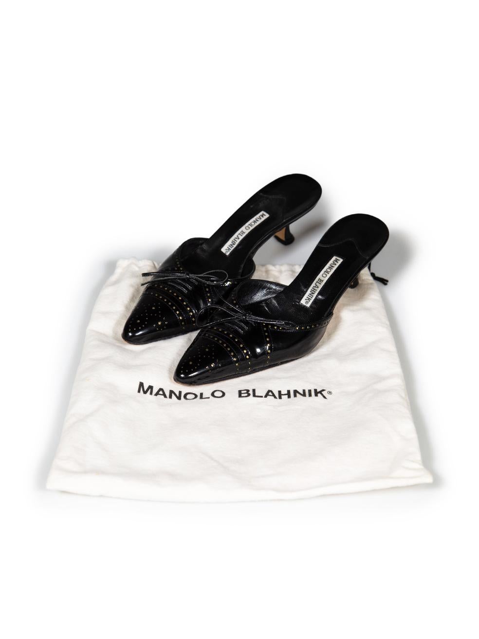 Manolo Blahnik Black Patent Brogue Point Mules Size IT 36 For Sale 4