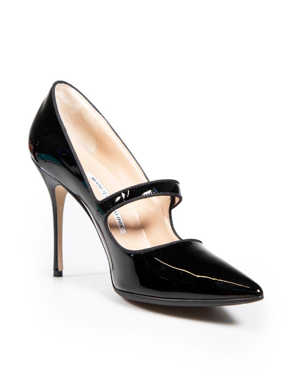 CONDITION is Very good. Hardly any visible wear to heels is evident on this Manolo Blahnik designer resale item. Please note these heels have been resoled. Comes with original dust bag and box
 
 
 
 Details
 
 
 Model: Campari
 
 Black
 
 Patent