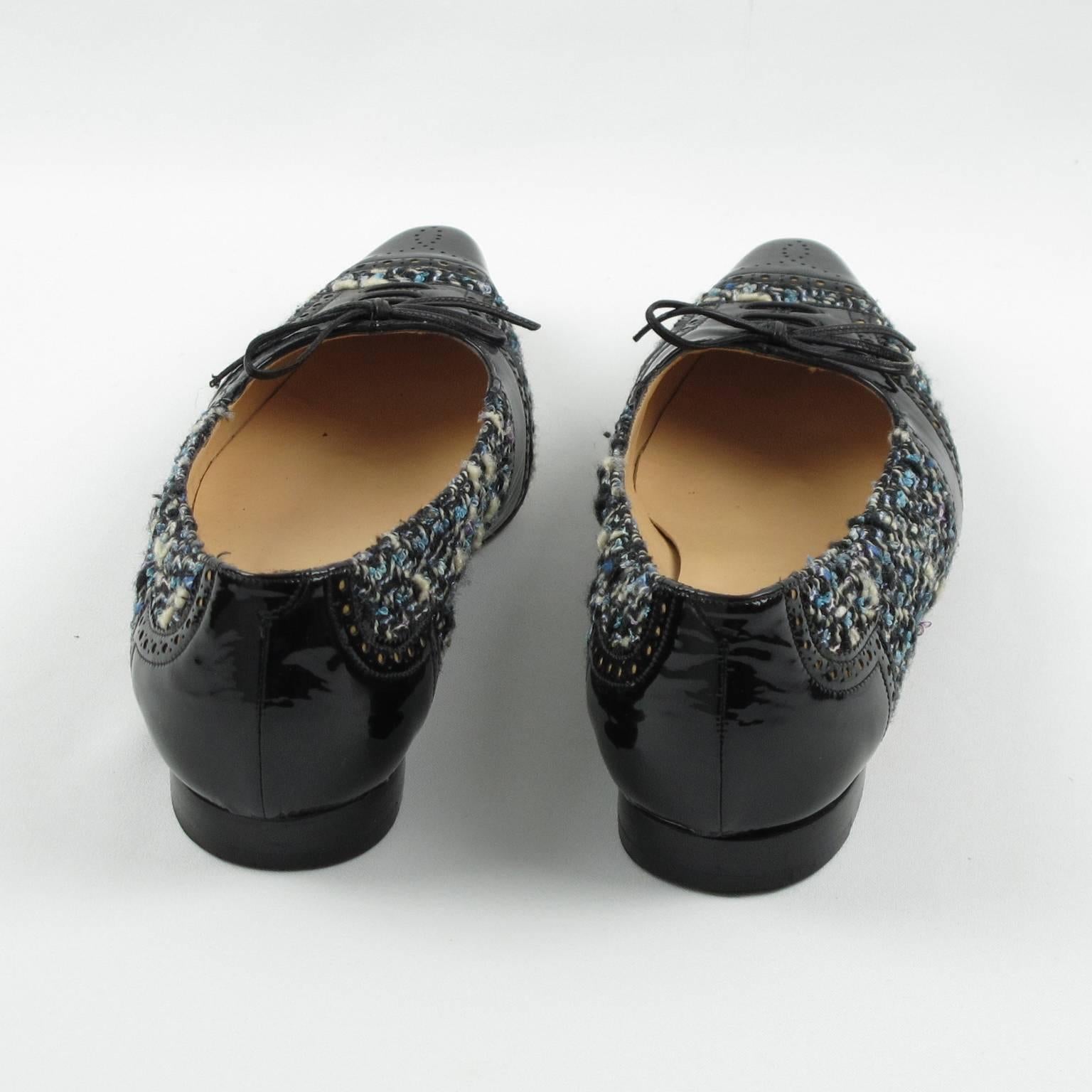 Manolo Blahnik Black Patent Leather and Tweed Fabric Flats Shoes Size 37.5 / 7.5 1