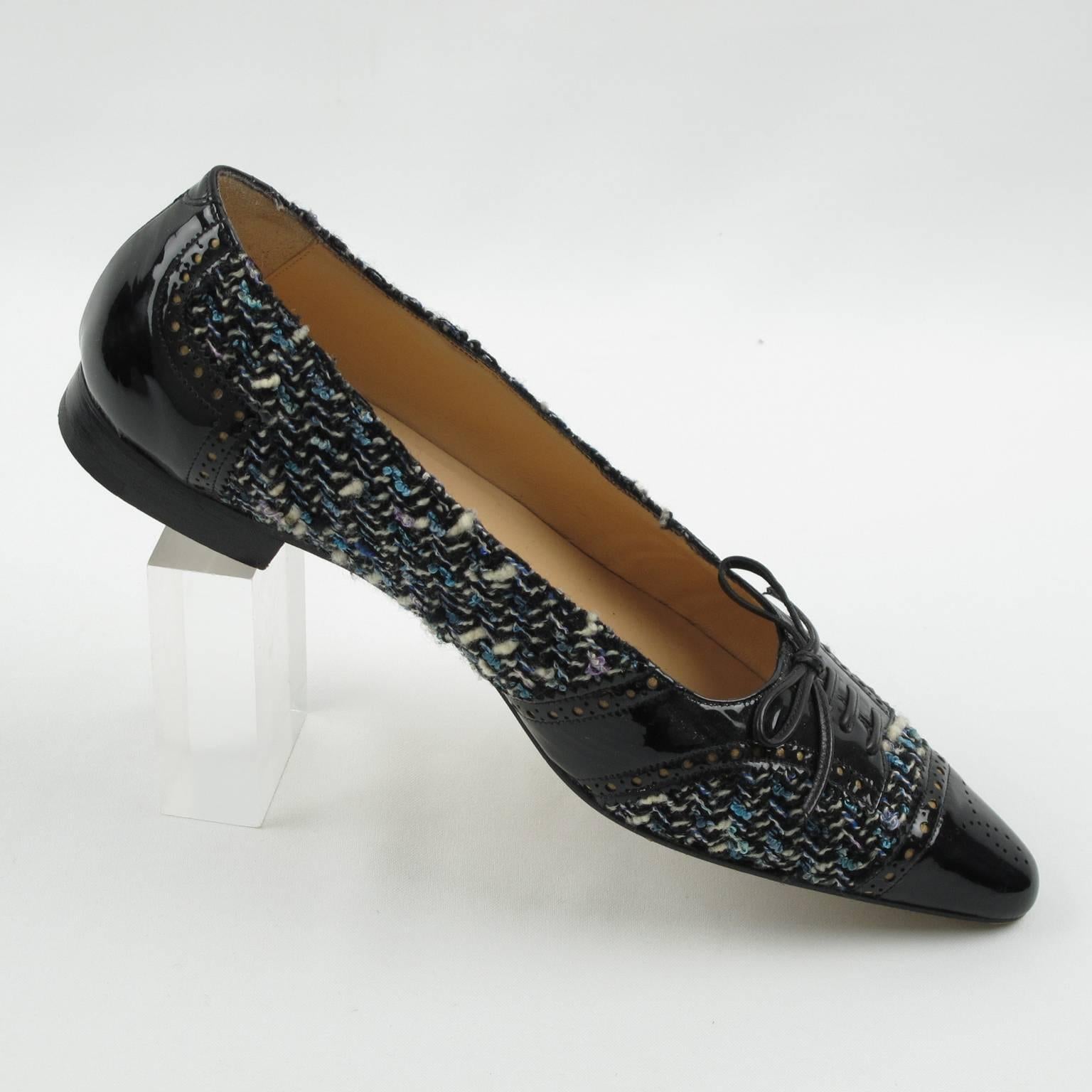 Manolo Blahnik Black Patent Leather and Tweed Fabric Flats Shoes Size 37.5 / 7.5 2