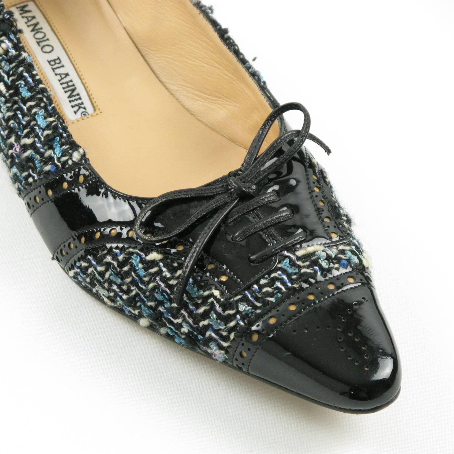 Manolo Blahnik Black Patent Leather and Tweed Fabric Flats Shoes Size 37.5 / 7.5 4