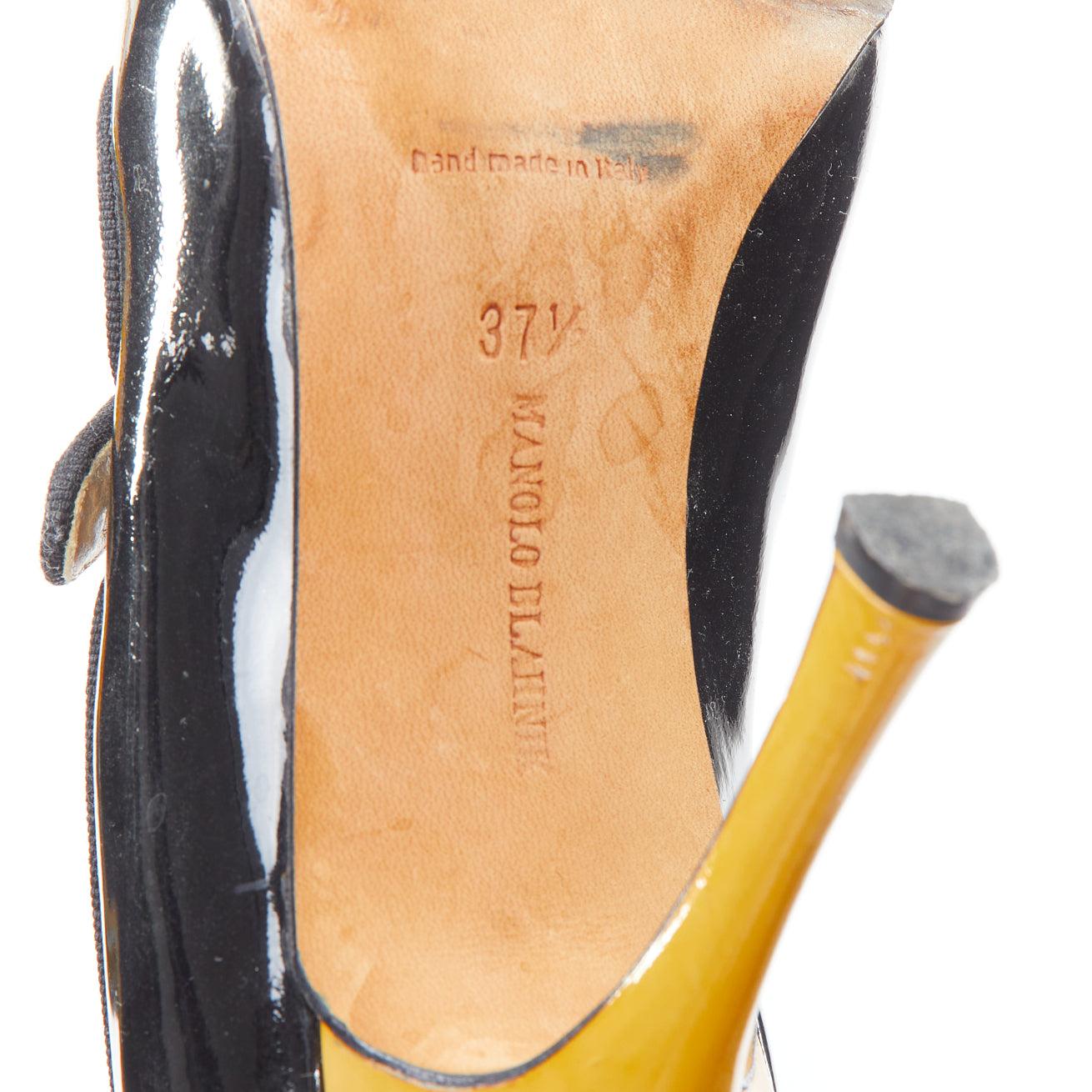 MANOLO BLAHNIK black patent leather nude panel peep heels EU37.5 For Sale 5