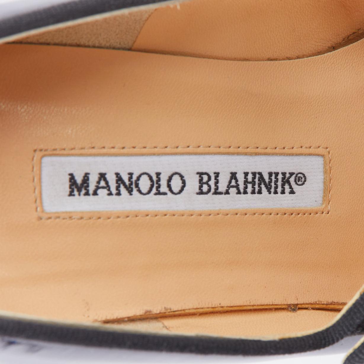 MANOLO BLAHNIK black patent leather nude panel peep heels EU37.5 For Sale 6