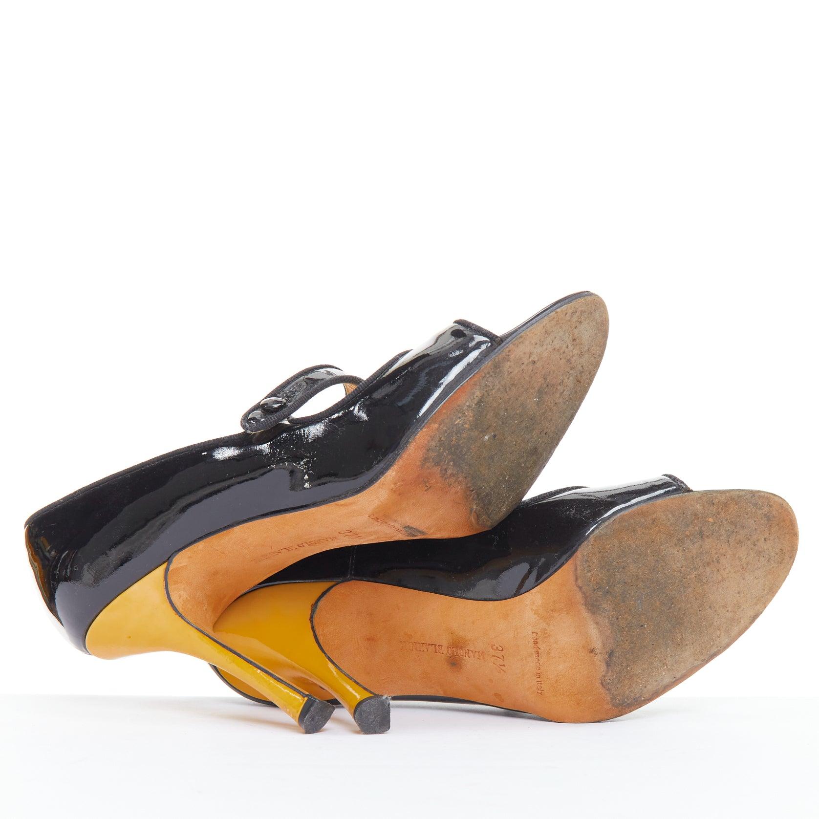MANOLO BLAHNIK black patent leather nude panel peep heels EU37.5 For Sale 7