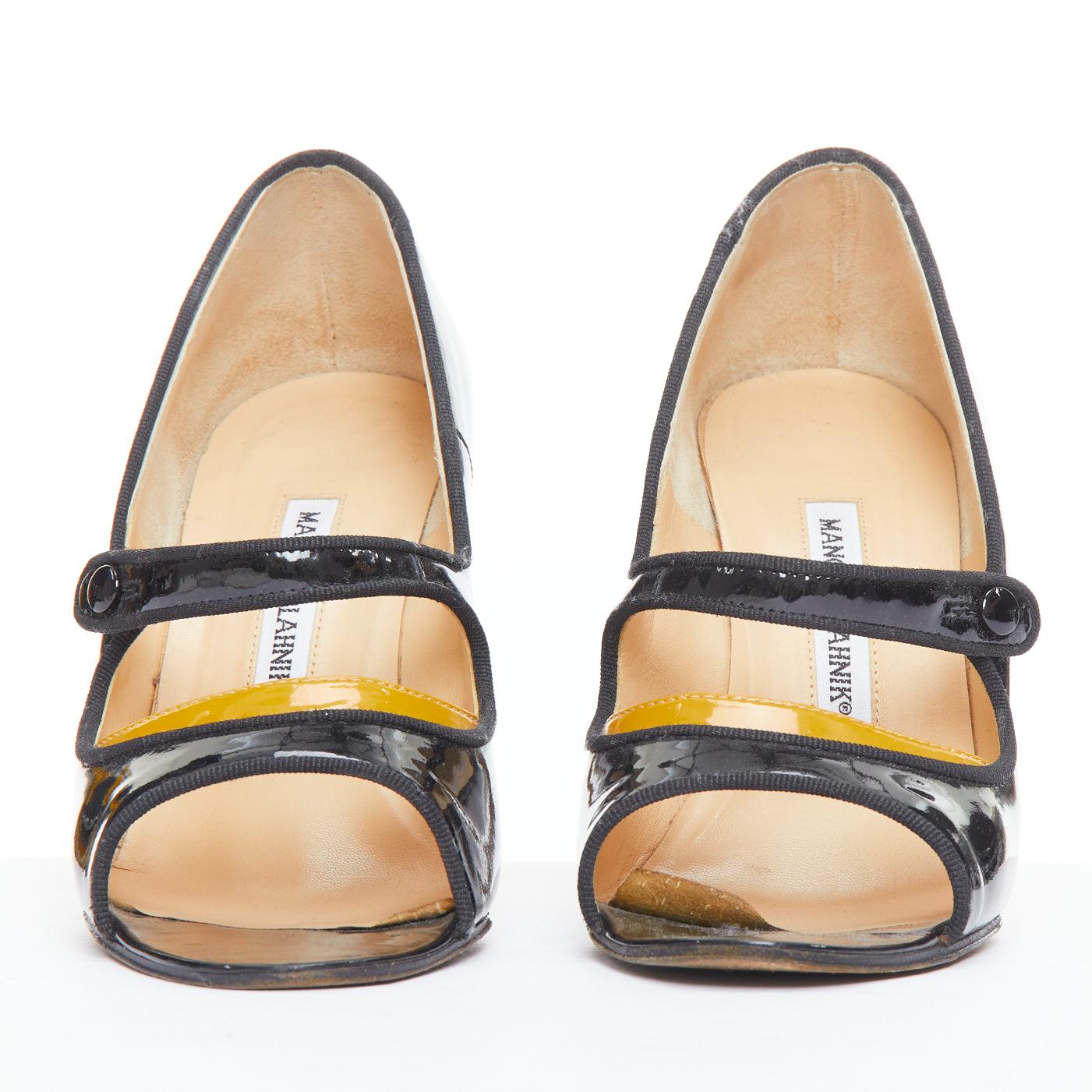 Black MANOLO BLAHNIK black patent leather nude panel peep heels EU37.5 For Sale