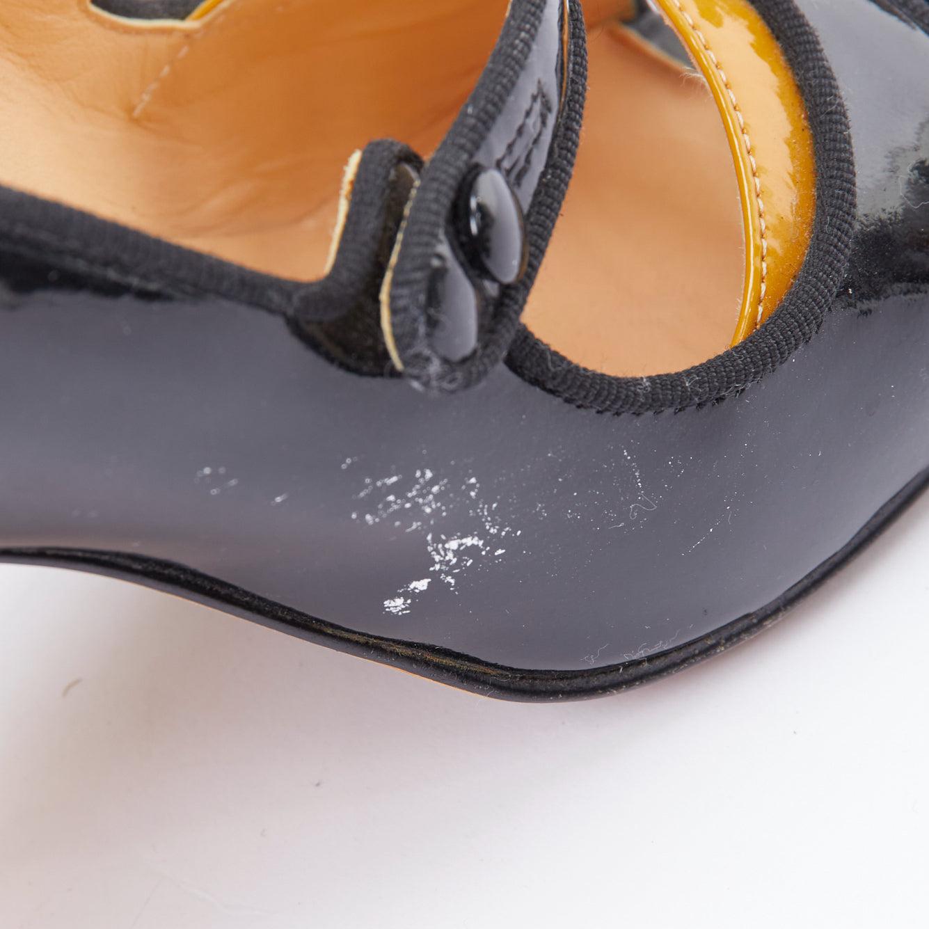 MANOLO BLAHNIK black patent leather nude panel peep heels EU37.5 For Sale 4