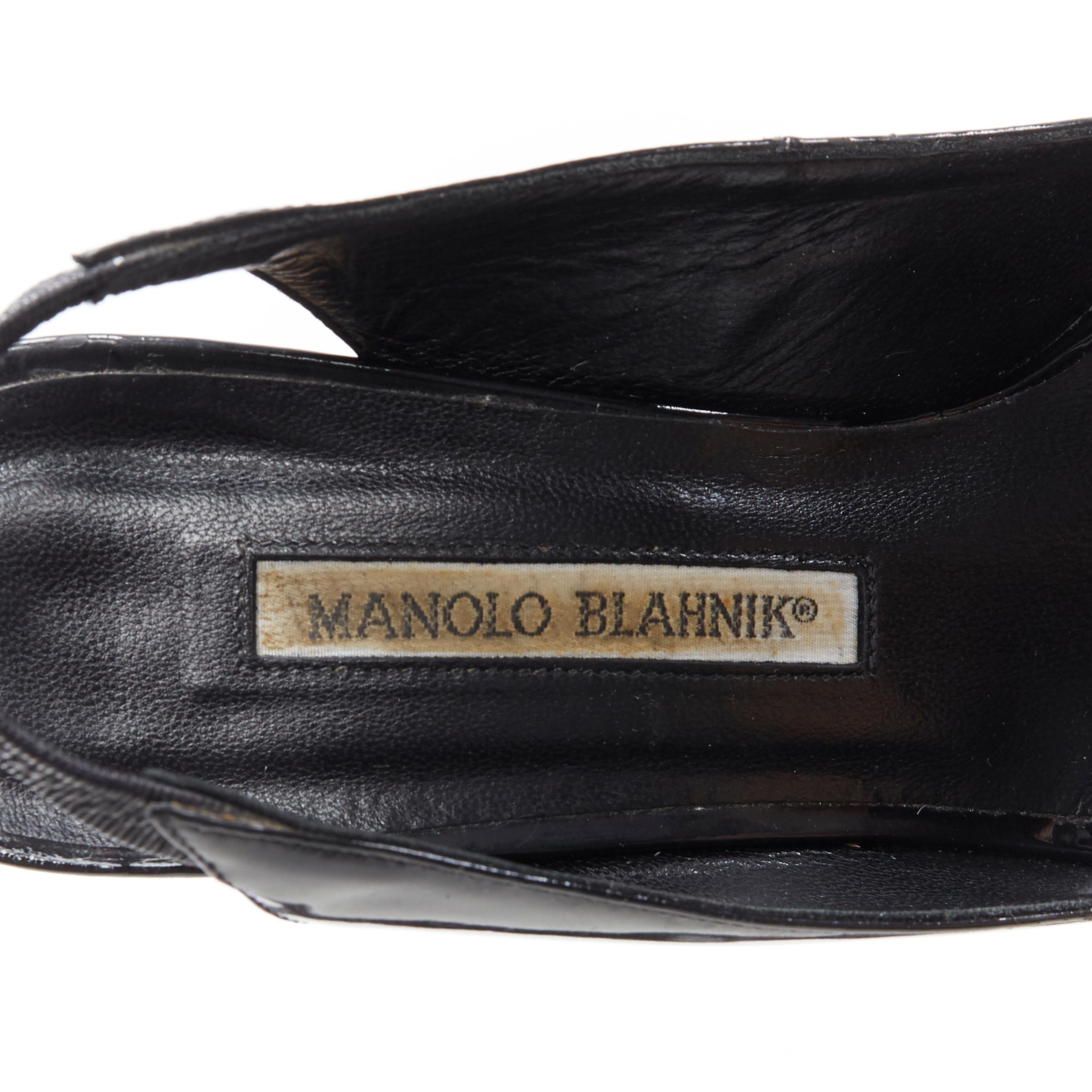 MANOLO BLAHNIK black patent peep toe sling back rafia wedge heel EU37 3