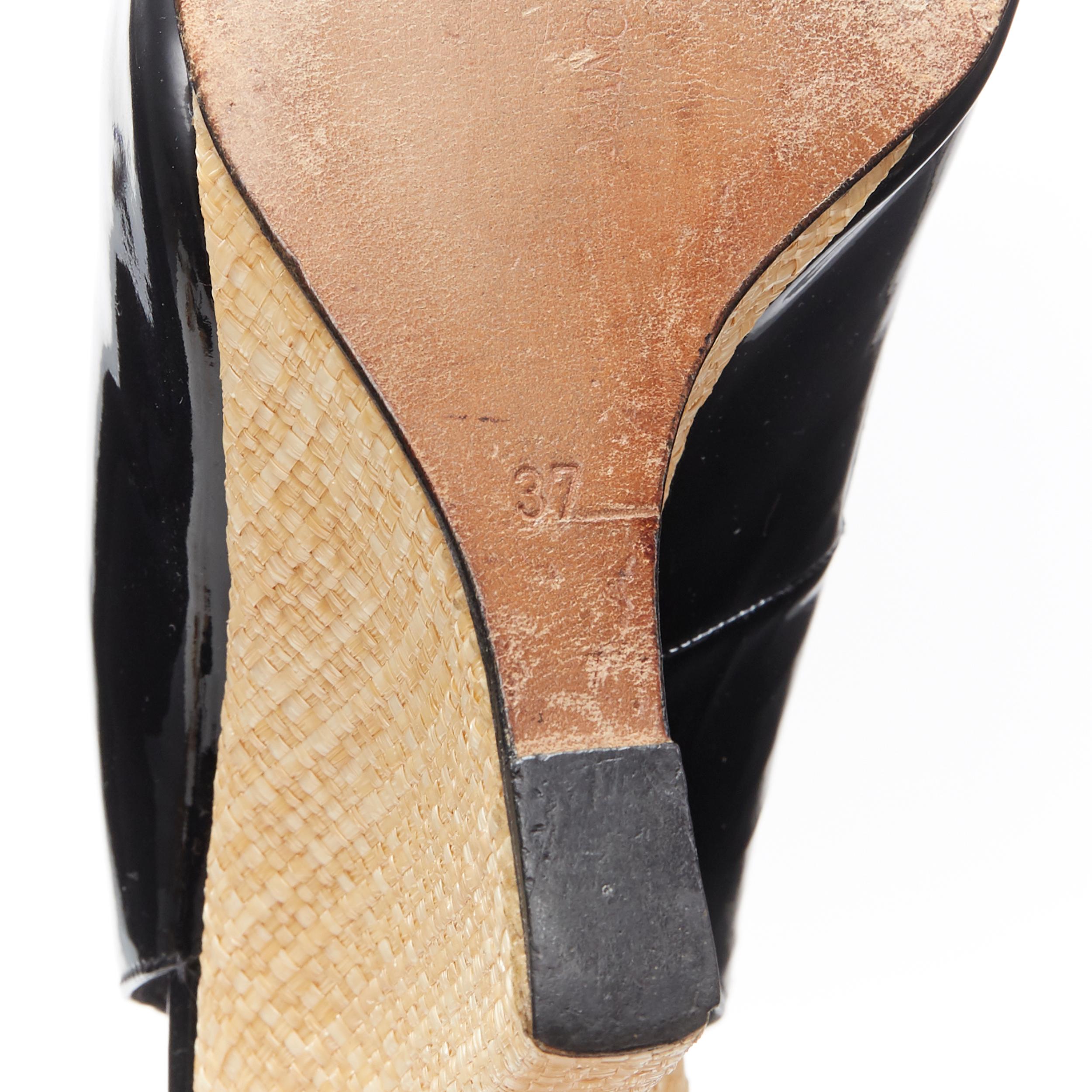 MANOLO BLAHNIK black patent peep toe sling back rafia wedge heel EU37 4