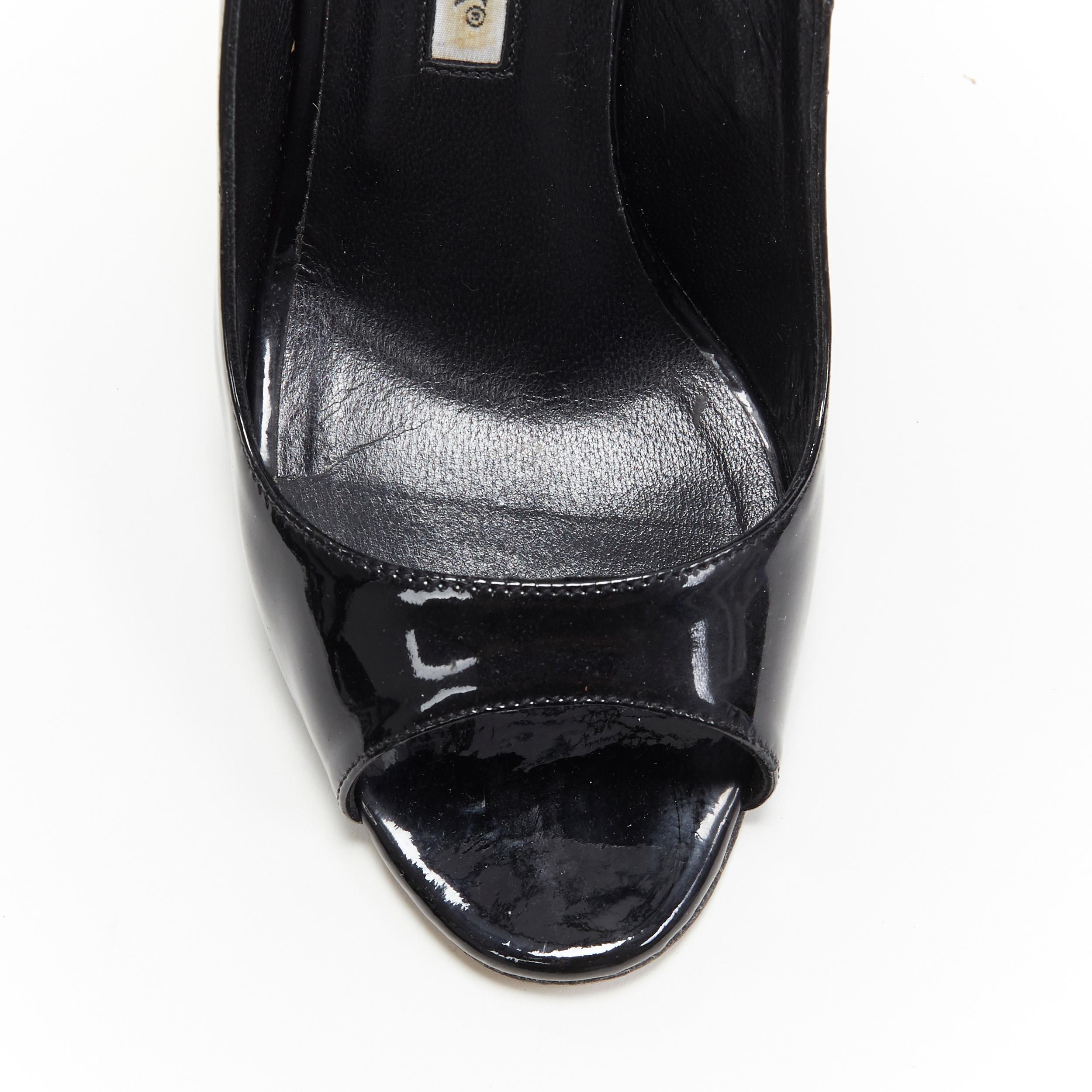 MANOLO BLAHNIK black patent peep toe sling back rafia wedge heel EU37 1