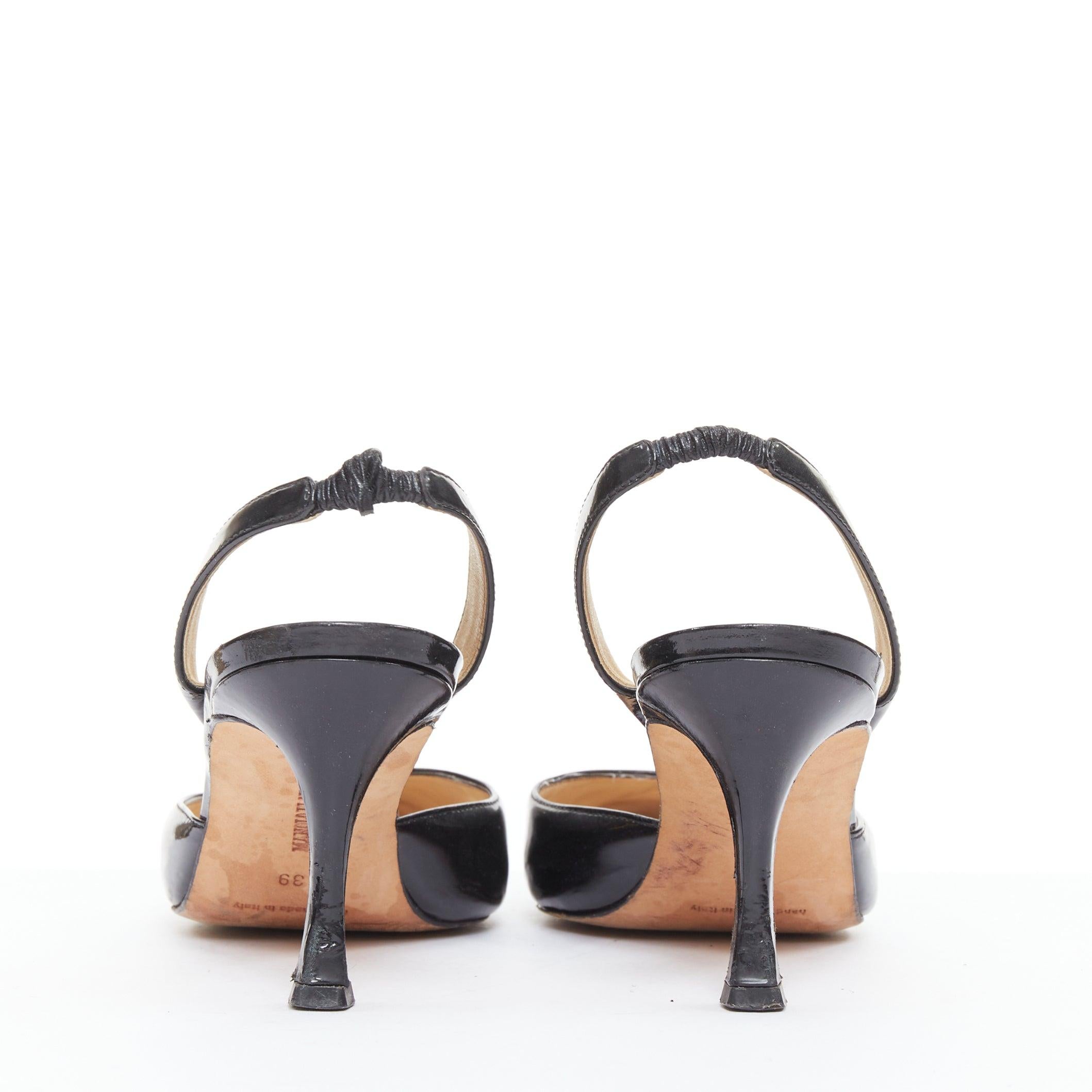 Women's MANOLO BLAHNIK black patent pointed toe slingback dorsay heel EU39 For Sale