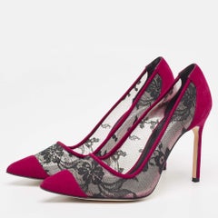 Manolo Blahnik Black/Pink Lace and Suede Salola Pumps Size 38