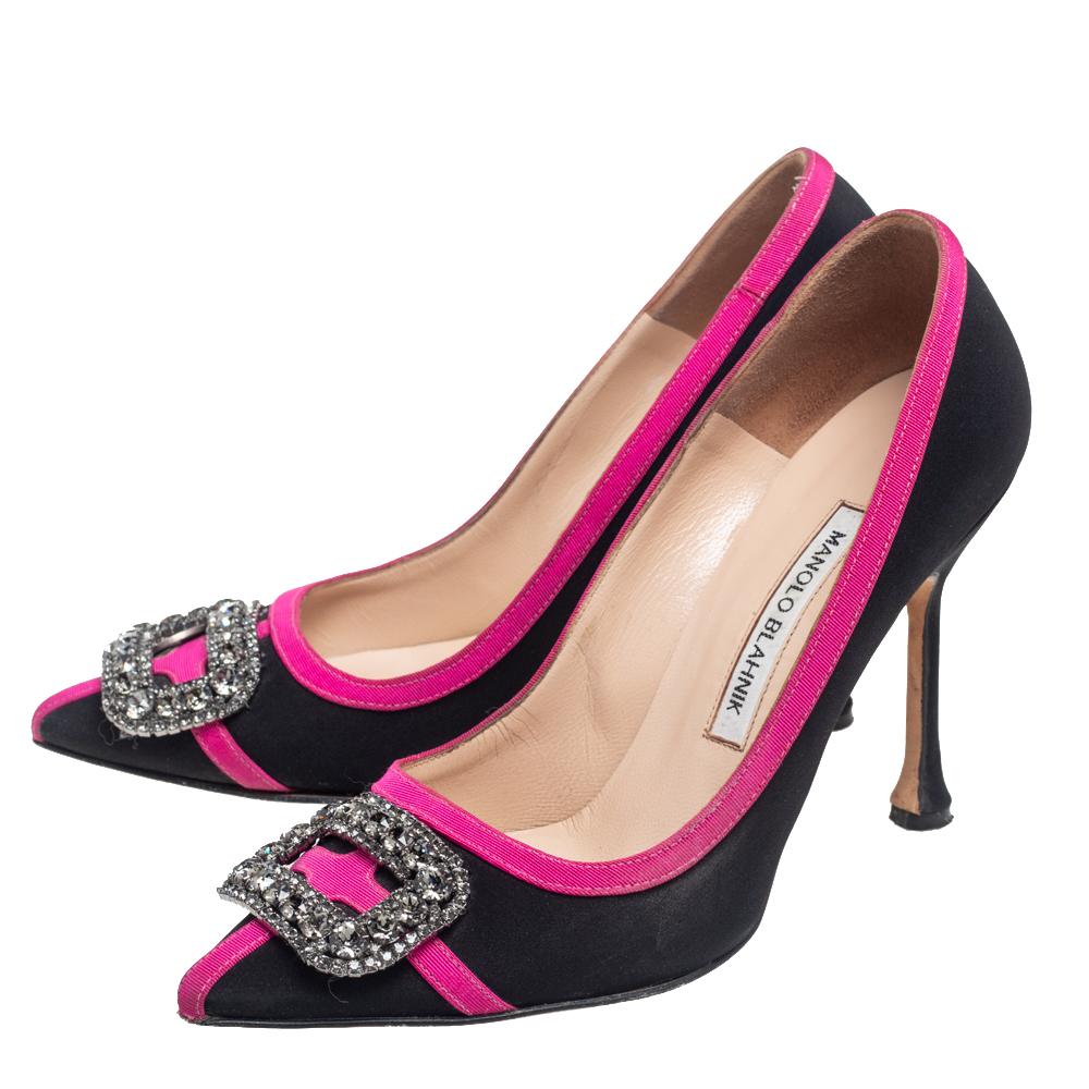 Beige Manolo Blahnik Black/Pink Satin Okkava Crystal Embellished Pumps Size 37