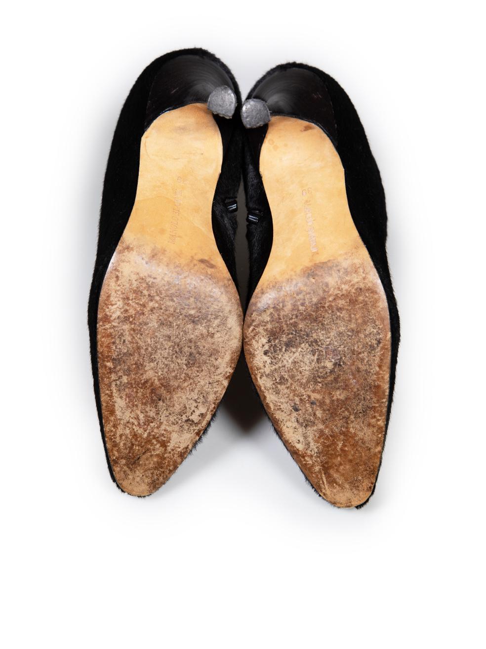 Women's Manolo Blahnik Black Ponyhair Stitch Ankle Boots Size IT 39 For Sale