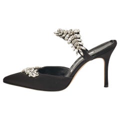 Manolo Blahnik Black Satin Crystal Embellished Lurum Mules Size 37