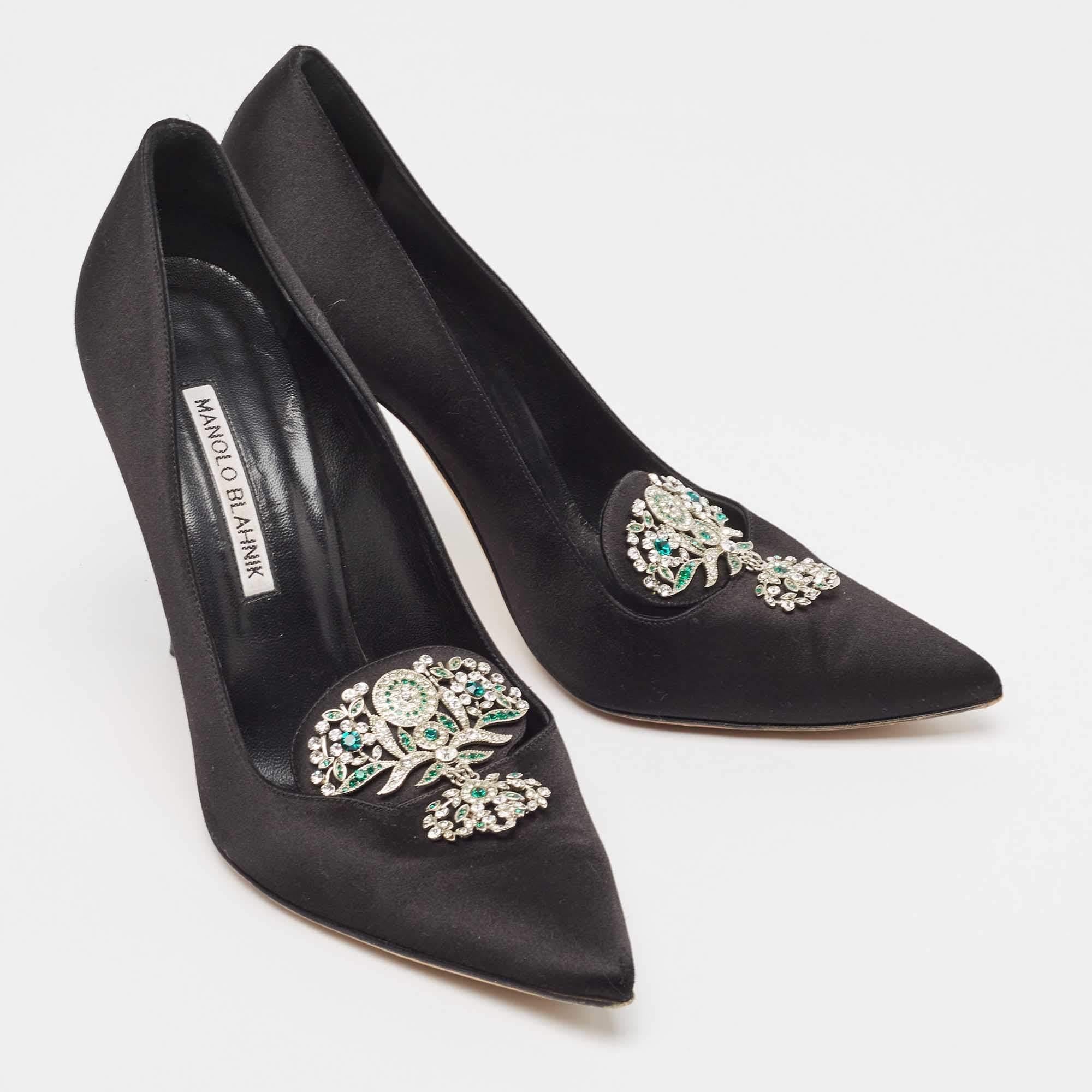 Women's Manolo Blahnik Black Satin Crystal Embellished Pumps Size 39