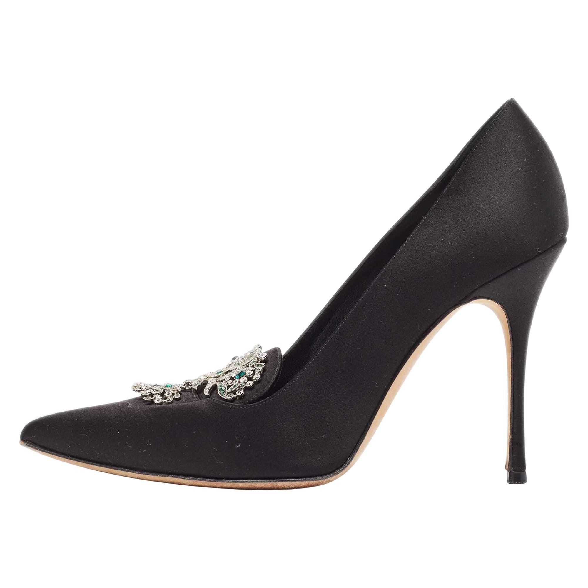 Manolo Blahnik Black Satin Crystal Embellished Pumps Size 39