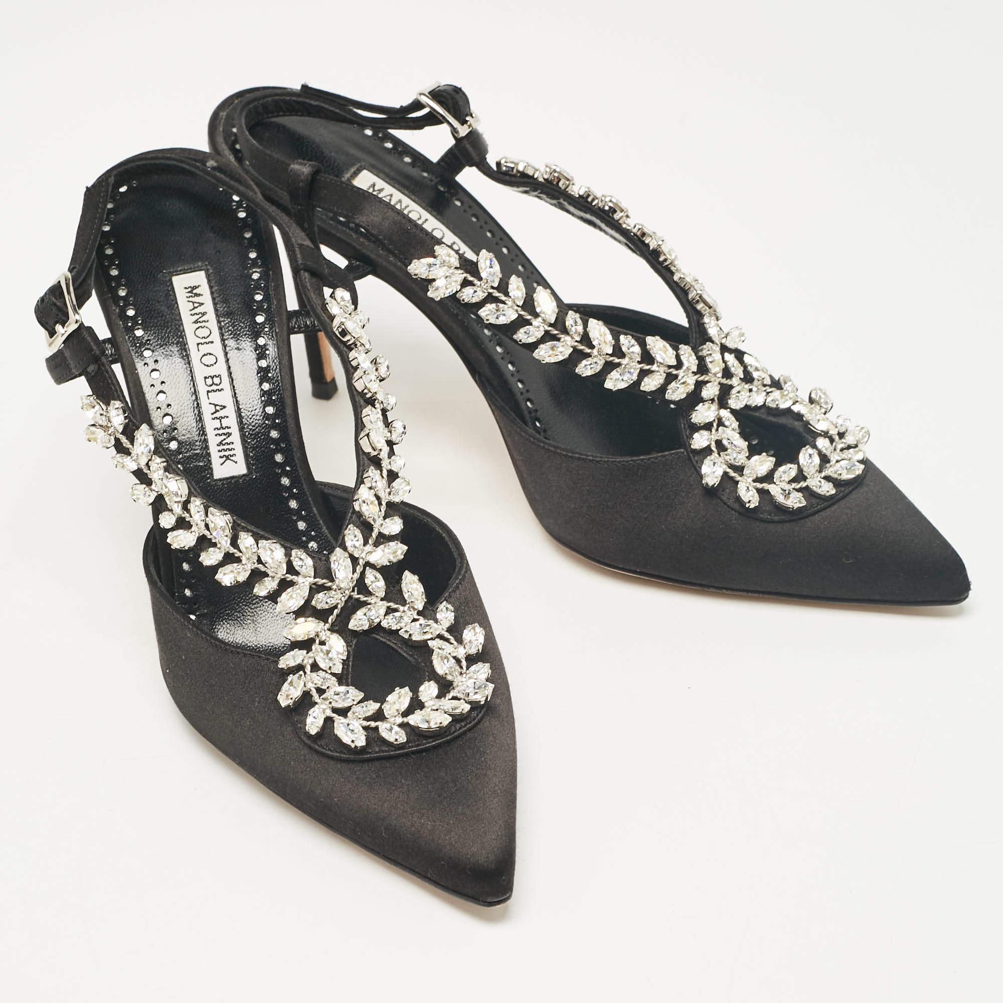 Women's Manolo Blahnik Black Satin Crystal Embellished Slingback Pumps Size 35.5 For Sale