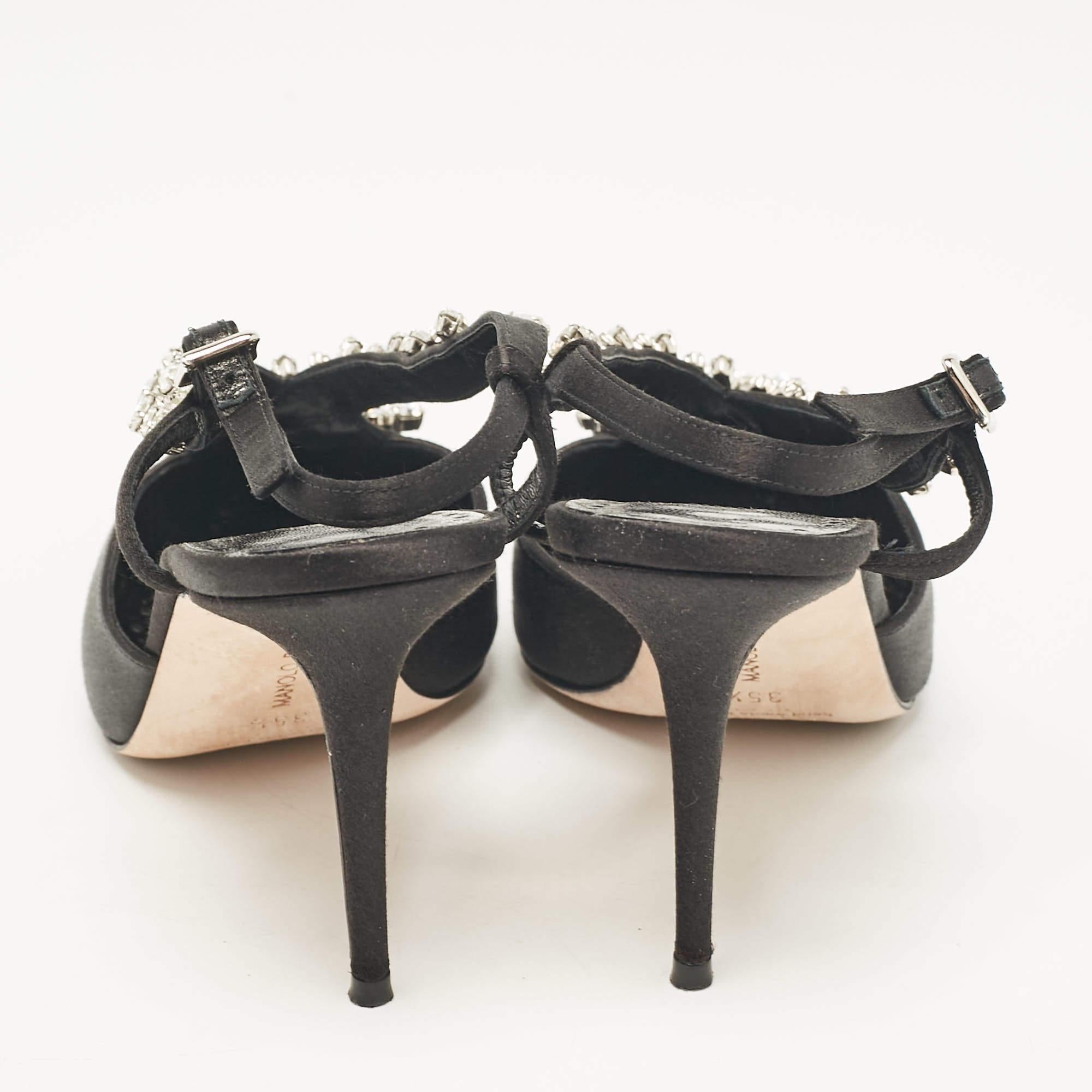 Manolo Blahnik Black Satin Crystal Embellished Slingback Pumps Size 35.5 For Sale 1
