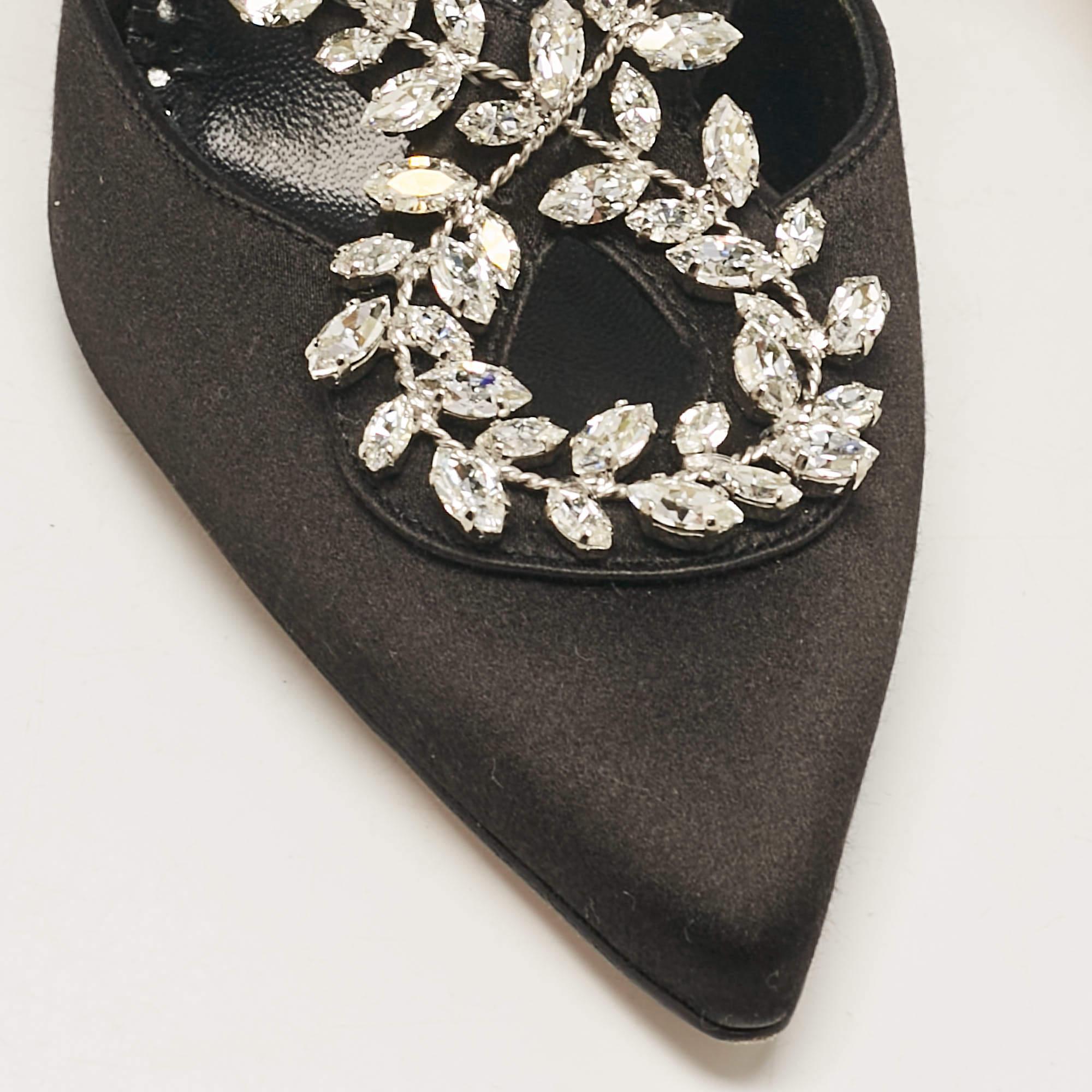 Manolo Blahnik Black Satin Crystal Embellished Slingback Pumps Size 35.5 For Sale 3