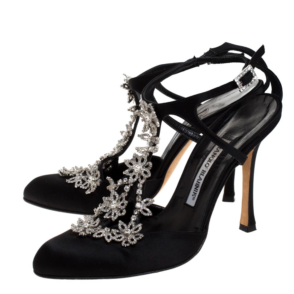 Manolo Blahnik Black Satin Crystal Flower Embellished T- Strap Sandals Size 38 1
