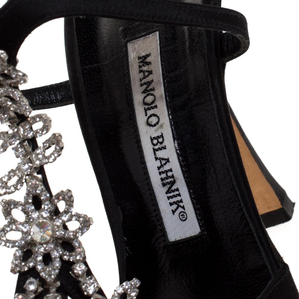 Manolo Blahnik Black Satin Crystal Flower Embellished T- Strap Sandals Size 38 2